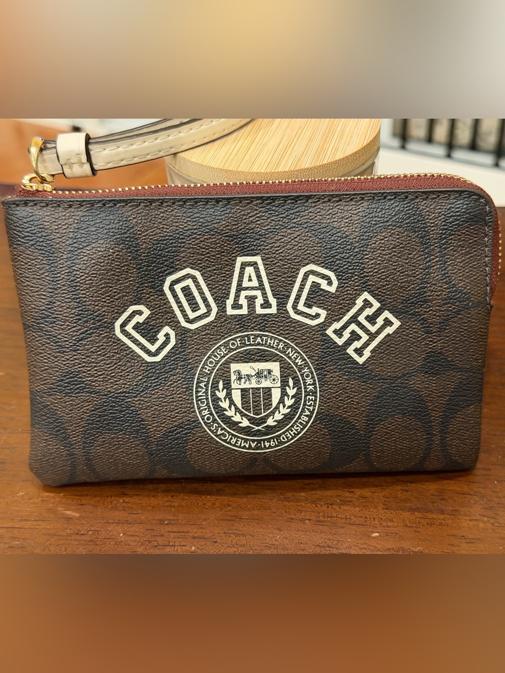 COACH Brown Signature Canvas Pouch with Cream Logo